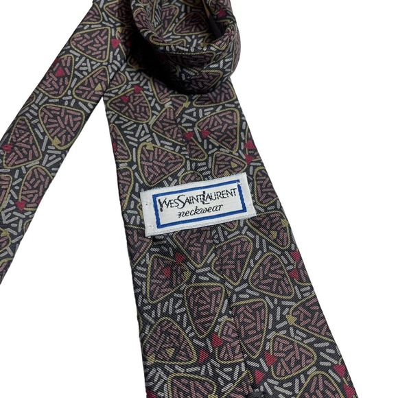 Vintage‎ Yves Saint Laurent Tie Silk 80s Gray Red Teal Geometric Men's - Picture 3 of 5